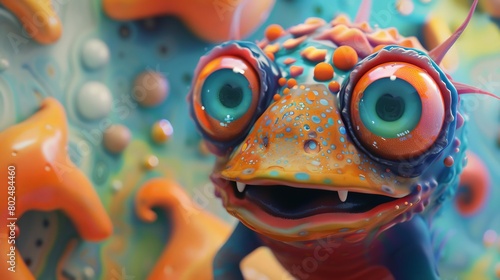 Funny multicolored fantasy frog with orange and blue eyes. Close-up