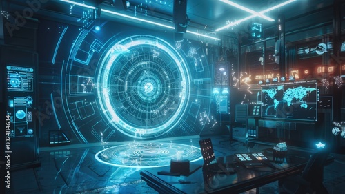 futuristic concept of an astrology lab with holographic zodiac charts, advanced astrological instruments emitting light, digital tarot cards, and a high-tech environment
