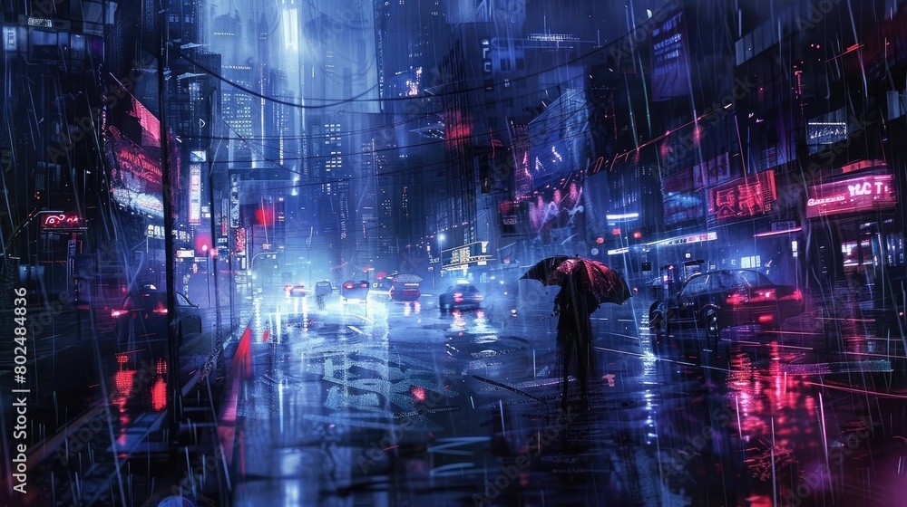 Cyberpunk streets illustration, futuristic city, dystoptic artwork at night, 4k wallpaper. Rain foggy, moody empty future