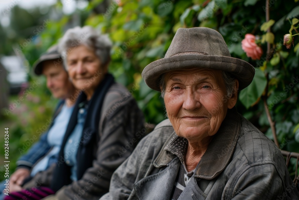 Portrait of an elderly woman in a hat sitting in the garden. Portrait of an elderly woman in a hat sitting in the garden.