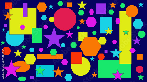 Colorful shapes, stars, circle, oval, square, polygon, rectangle, over a navy blue background, vector.