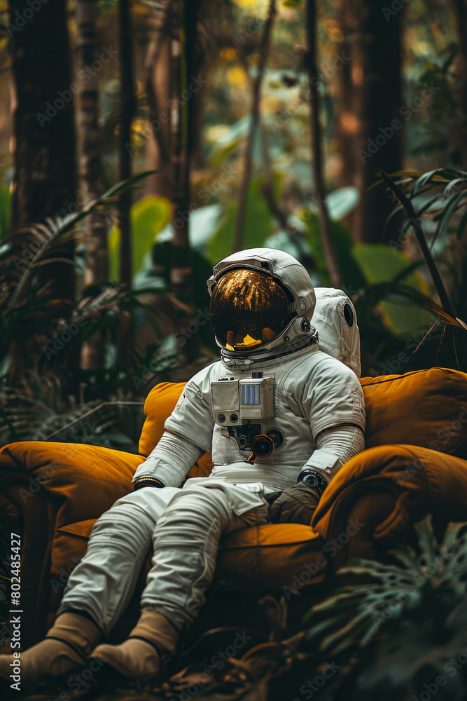 Planet, travel and astronaut in forest on sofa to explore abandoned world, planet and universe. Space suit, futuristic fantasy and spaceman in alien environment for exploration, adventure and journey