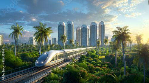 Eco-friendly high-speed train moving through a tropical cityscape at sunset. Sustainable modern train speeds past lush greenery and towering skyscrapers. Futuristic bullet train in urban jungle © Alina