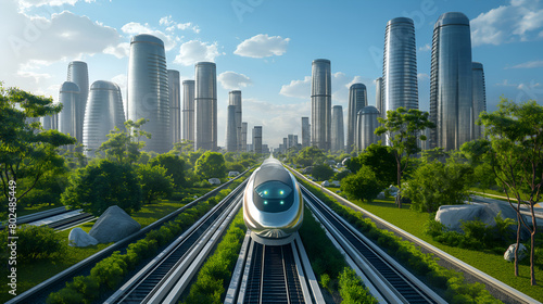 High-speed train approaches on tracks amidst lush urban greenery and modern skyscrapers. Train traveling at high speed near futuristic buildings surrounded by trees. High speed railways in modern city © Alina
