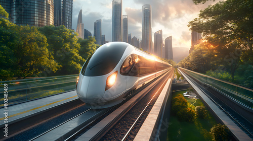 Modern high speed railways train gliding through a lush urban park at sunrise, futuristic cityscape in the background. Bullet train speeds along a scenic route in a bustling city during golden hour © Alina