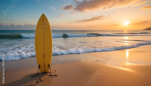 A surfboard on a sandy beach at sunset, with a calm ocean and colorful sky reflected in the water