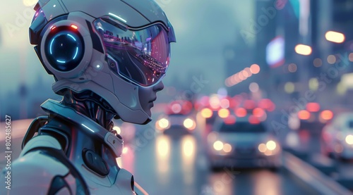 A close-up view of a sophisticated robot's head against a night city backdrop depicting advanced technology and AI