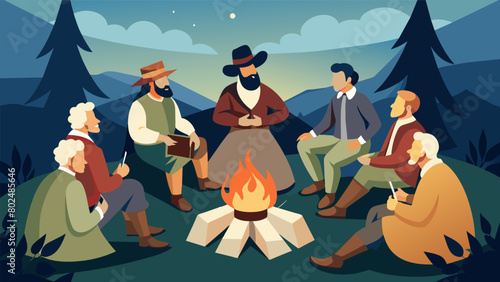 In a rustic setting a group of reenactors portraying the Founding Fathers sit around a campfire exchanging ideas and reflecting on the challenges they. Vector illustration