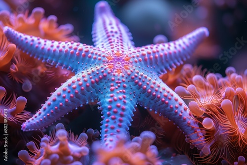 Closeup of a purple starfish in coral, underwater, vivid colors, exotic marine © NeeArtwork