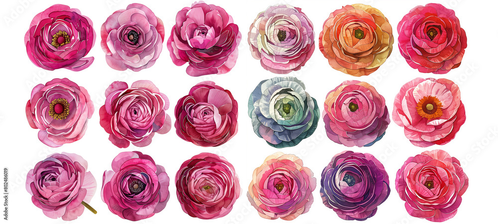 Isolated peony buds on white background, top view. Vibrant collection of watercolor peony buds, isolated on white, showcasing a variety of pinks, purples, and reds in full bloom. Perfect for spring an Isolated peony buds on white background, top view. Vibrant collection of watercolor peony buds, isolated on white, showcasing a variety of pinks, purples, and reds in full bloom. Perfect for spring an
