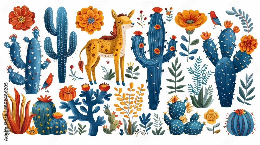 Naklejka premium A large collection of colorful isolated elements - African wild animals, cacti, plants and birds, on a white background. Drawing on paper plus flat, modern illustration.