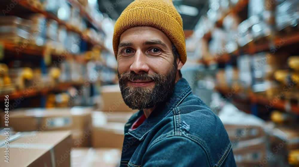 Close-up of a cheerful warehouse worker wearing a yellow beanie and denim jacket, smiling in the bustling environment of a well-stocked warehouse. Close-up of a cheerful warehouse worker wearing a yellow beanie and denim jacket, smiling in the bustling environment of a well-stocked warehouse.
