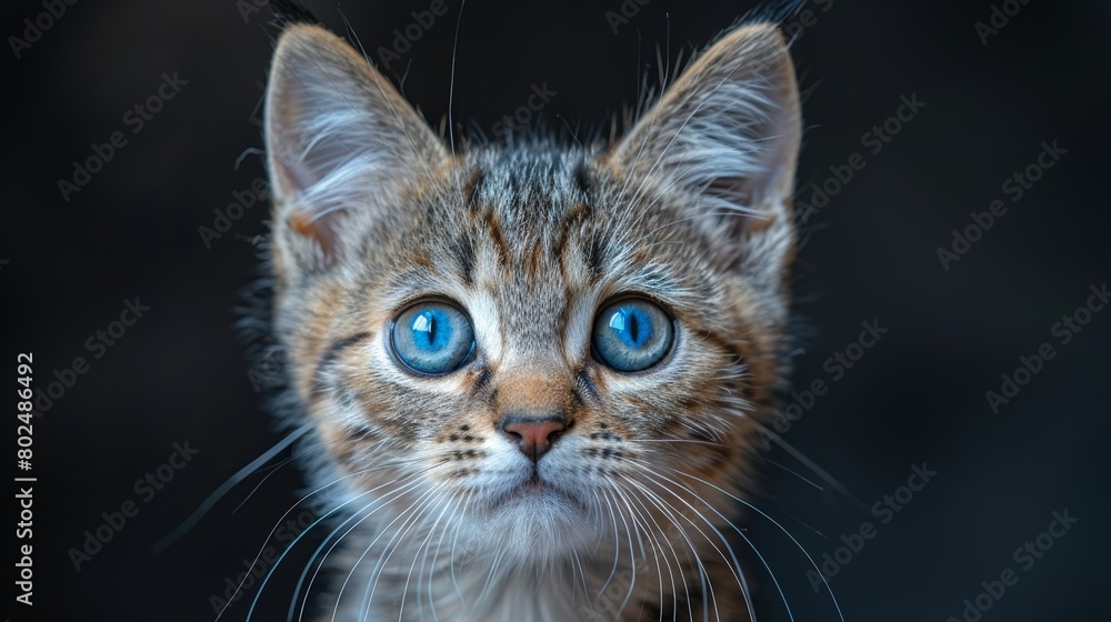 Cute kitten with blue eyes in a funny smile. Portrait of a lovely fluffy cat.
