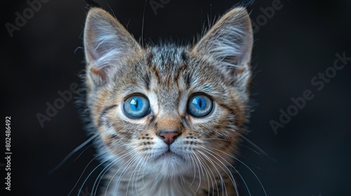 Cute kitten with blue eyes in a funny smile. Portrait of a lovely fluffy cat. © DZMITRY