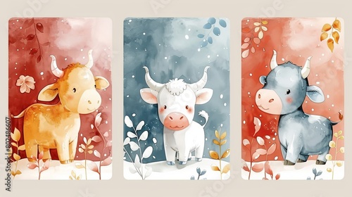 It has a kawaii cartoon ox, cow, or bull, a symbol of the new year, cute characters on the cover and twelve monthly pages. It's a modern editable template. The week starts on Monday. photo