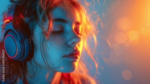Women listening to music with headphones on and closed eyes. Double exposure of the female face and light flare isolated on a white background. Digital art. Blue neon light. Free space for writing.