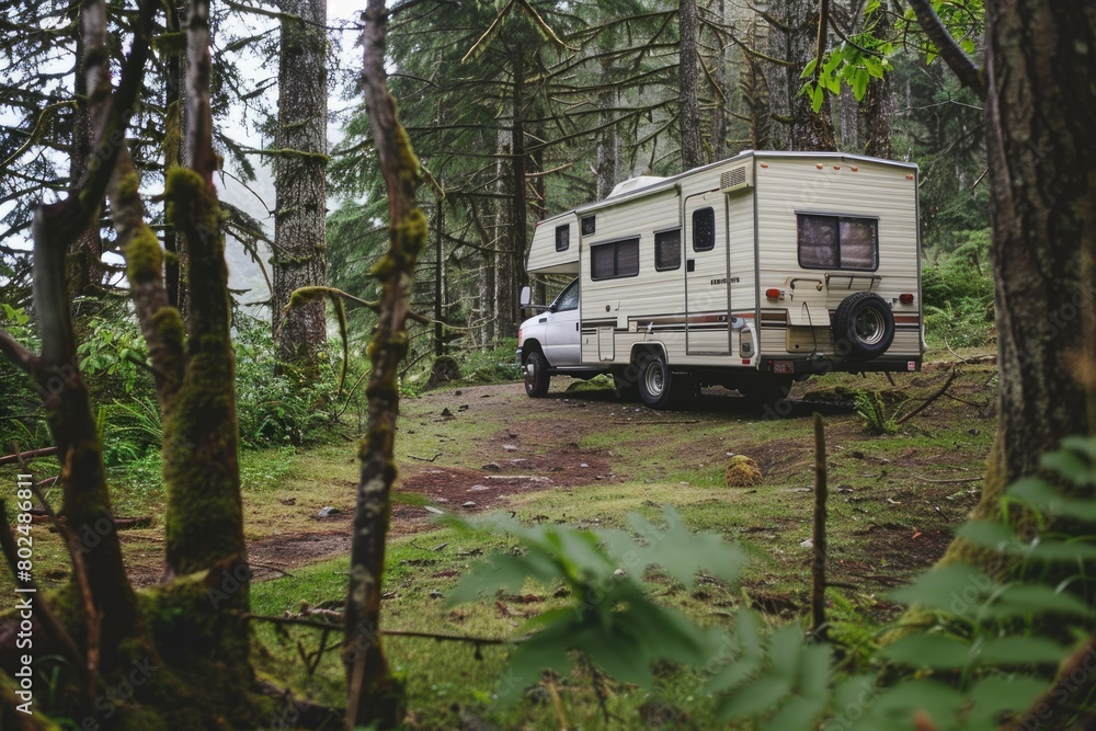 Fifth Wheel Camping: A Serene Campsite in the Woods with A Trailer Van to Take You on A Tranquil
