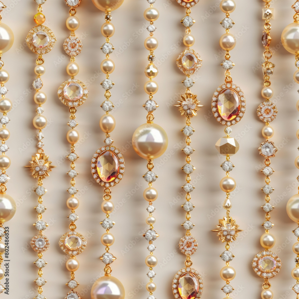 Seamless pattern of golden necklaces and bracelets with gemstones and pearls on beige background Seamless pattern of golden necklaces and bracelets with gemstones and pearls on beige background