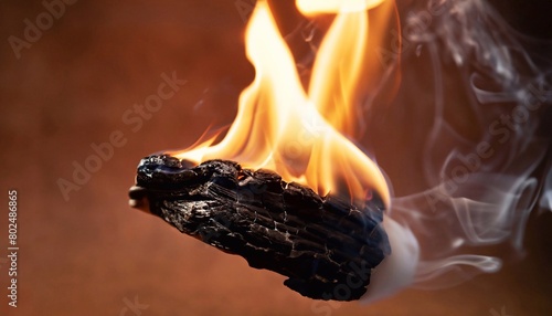 Closeup shot of a burning piece of wood with smoke on a brown background photo