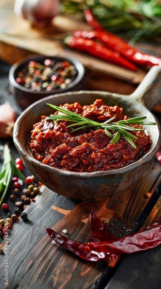 Freshly prepared spicy salsa in a ceramic bowl, surrounded by raw ingredients on a wooden surface