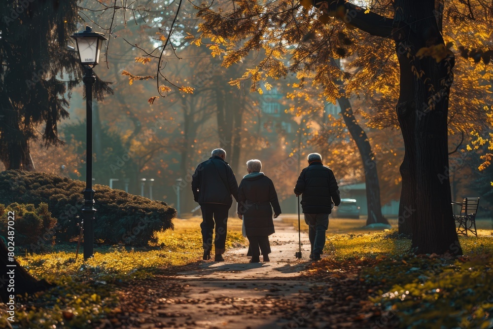Elderly Couple Walks in Park with Assistant, Hospital Volunteering, Helping Pensioner, Caring for Elderly Elderly Couple Walks in Park with Assistant, Hospital Volunteering, Helping Pensioner, Caring for Elderly