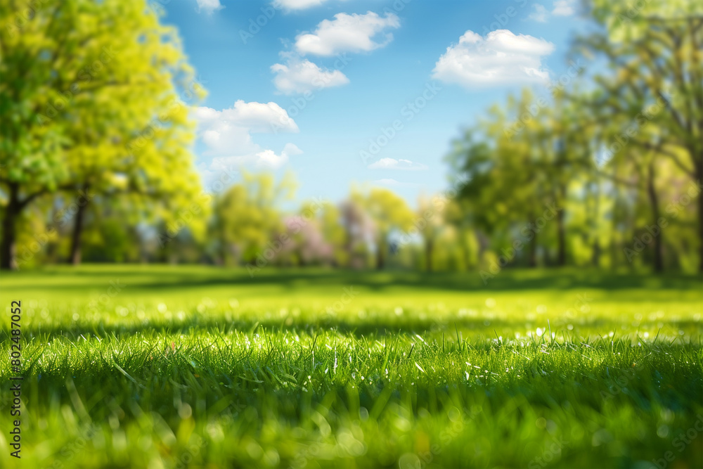 Close Up Beautiful Spring Lawn With Blurred Green Trees on Background