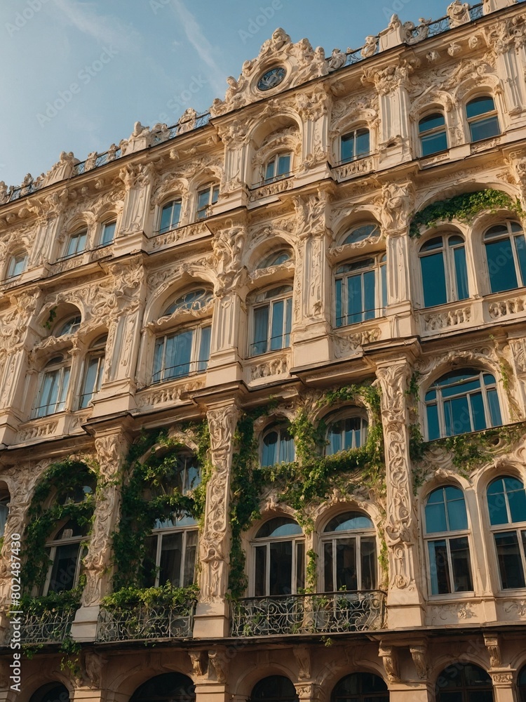 Sunlight bathes ornate facade of european building, highlighting its intricate details, casting long shadows. Vines crawl up walls, adding touch of nature to scene, while arched windows.