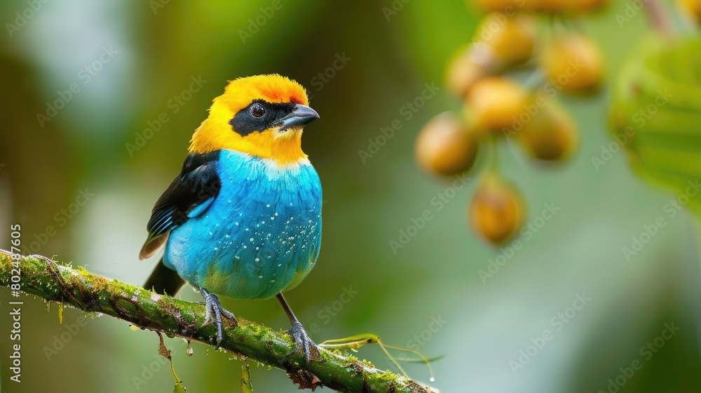 Golden-Hooded Tanager Sitting on Green Branch. Exotic Tropical Blue Bird with Yellow Gold Head
