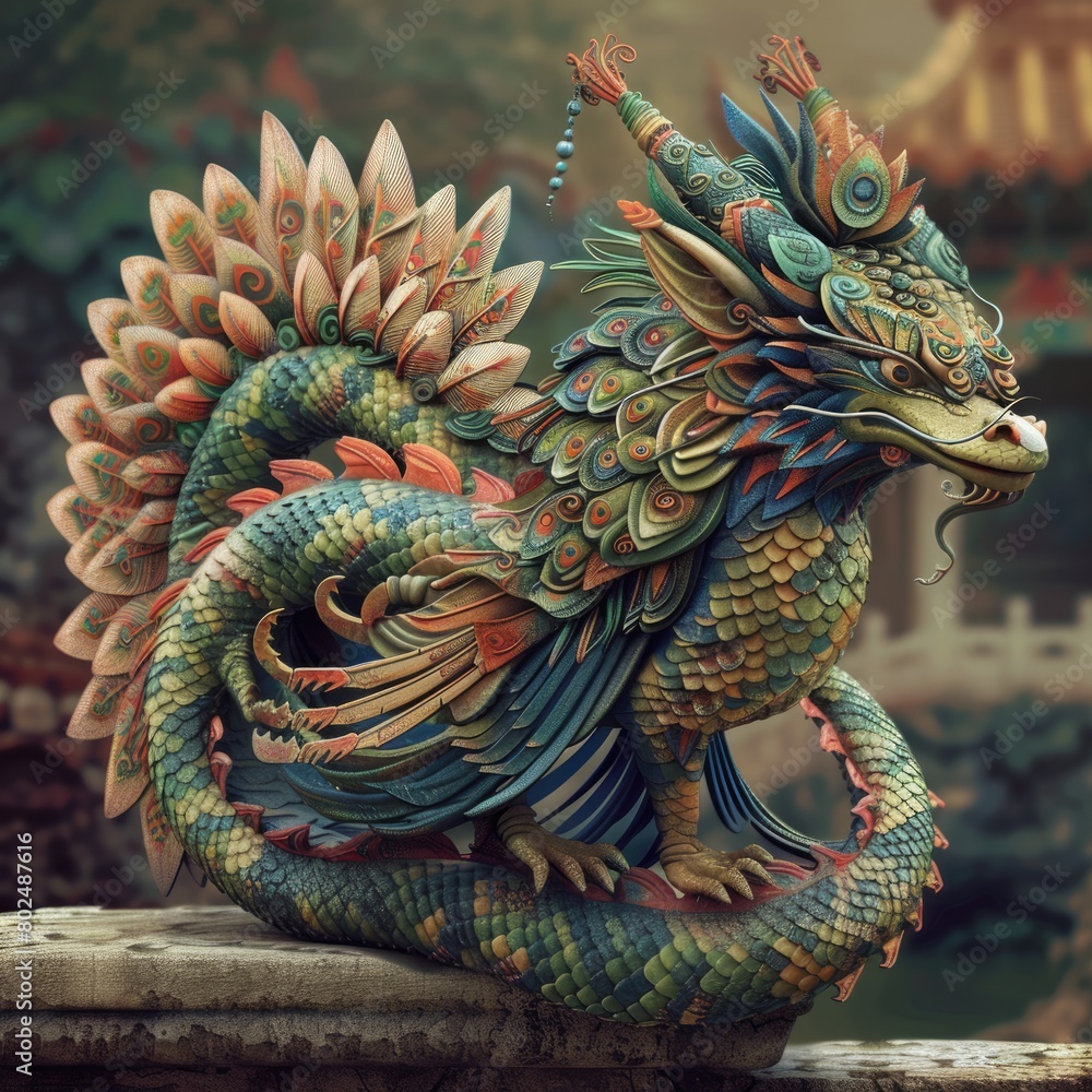 Fototapeta premium Flamboyant Feathered Serpent Statue in Stylistic Artistic Portrait - Design Inspiration from