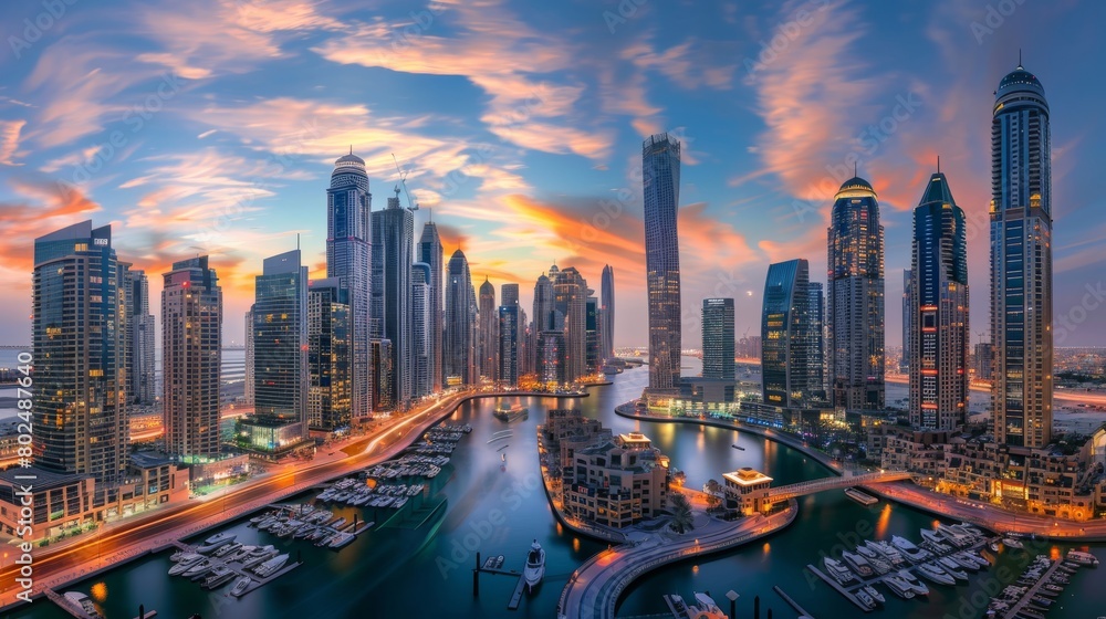 Dynamic Dubai Marina with its luxurious skyscrapers, waterfront walkways, and tranquil marina bay