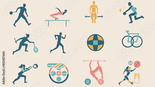 A set of sports icons are shown in a variety of poses and positions