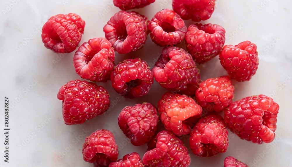 macro shot of scattered raspberries on white marble table top view macro shot of scattered raspberries on white marble table top view