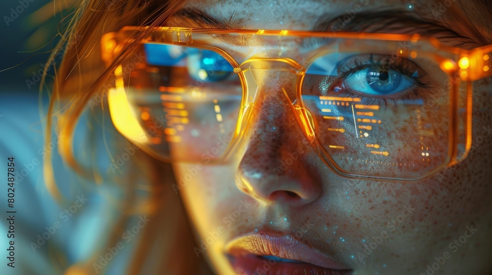 The blue eye in glasses is seen close up with the holographic interface displaying data. This is a portrait of a beautiful young woman, half of her face is shown in the foreground. This is an