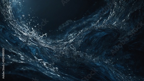 Dark blue waves crest, crash in tumultuous ocean, water churning, spitting spray into air. Light catches edges of waves, highlighting transparency, power of water as it moves. photo