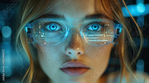 Image of blue eye in glasses showing holographic interface with data display during close-up. Portrait of beautiful young woman. Concept of augmented reality, future technology, the internet.