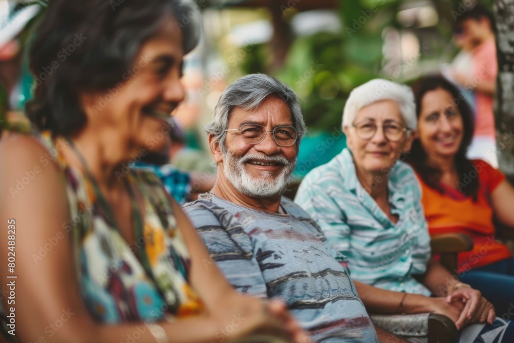 Group of senior people sitting at a table in the garden and talking Group of senior people sitting at a table in the garden and talking