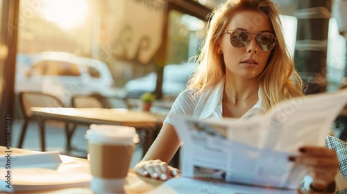 Portrait of carefree, blond cute woman working with documents, drinking takeaway coffee and sitting in cafe outdoors with documents, writing essay, student doing homework. photo