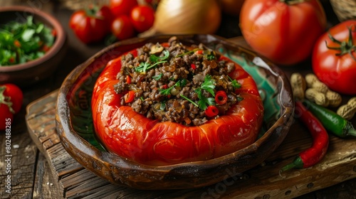 The stuffed rocoto is a Peruvian dish of Arequipa origin, stuffed with beef tenderloin, peanuts, chopped onion, raisins and cheese, as well as being seasoned with spices 