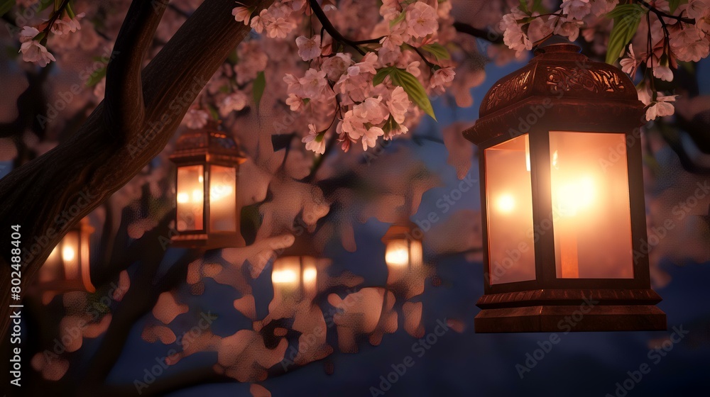 Lantern with cherry blossoms in the garden at night. Lantern with cherry blossoms in the garden at night.