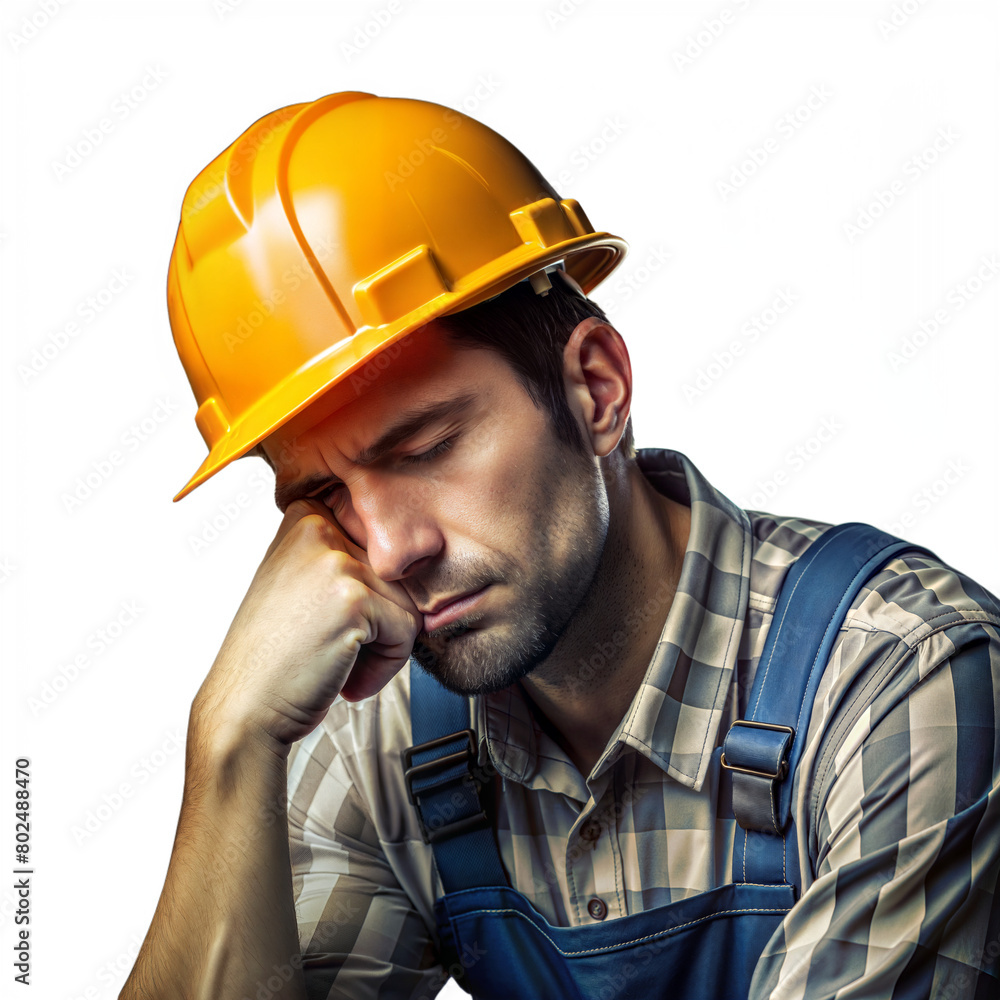 Tired Construction Worker Taking a Break During a Busy Workday on Transparent Background