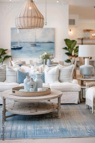 A softly-toned coastal living room featuring elegant furnishings, nautical decor, and a cohesive blend of blue and white textiles for a tranquil feel