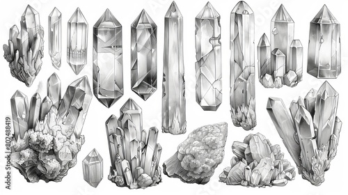 Mystic crystals isolated cliparts bundle, floral magic hand drawn crystals, line gem stones isolated items on white, whimsical esoteric objects - modern photo