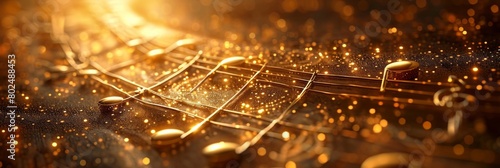 A close up of a musical note with gold stars on it photo