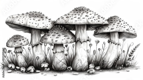 Amanita or fly agaric in a row, black and white modern clip art containing a mysterious mushroom border