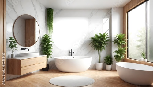 Front view on stylish sunny bathroom with marble walls green plants wooden floor wooden round mirror eco sink cabinet and precious white bath with behind glass partitions 3D rendering