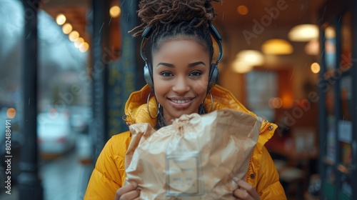 While leaving a coffee shop, a pretty young African American female holds a paper bag with food to go and wears headphones on her neck. © DZMITRY