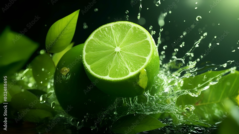 Fresh lime with leaves in water splashes on a black background. 3d illustration Fresh lime with leaves in water splashes on a black background. 3d illustration