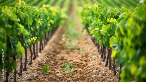 Green vineyards with rows of red Cabernet Sauvignon grape variety of Haut-Medoc vineyards in Bordeaux, left bank of Gironde Estuary, Margaux village, France, ready to harvest photo