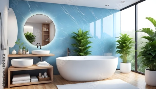 Front view on stylish sunny bathroom with marble walls green plants wooden floor wooden round mirror eco sink cabinet and precious white bath with behind glass partitions 3D rendering