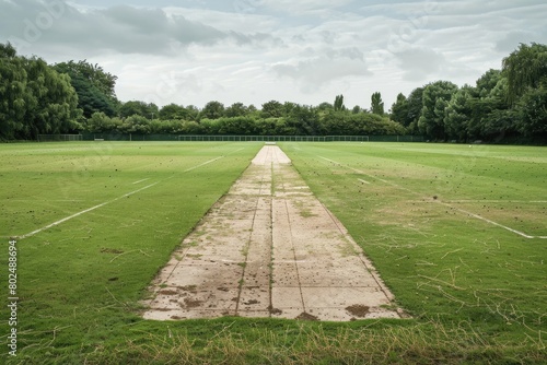 Empty Cricket Pitch Ready for Play with Wicket and Grass Field for Team Sport Game photo